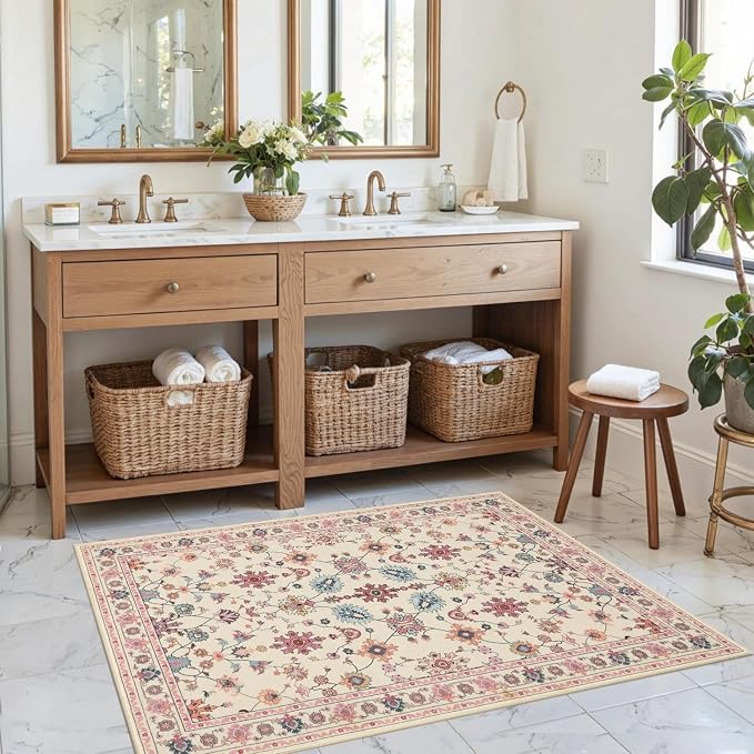 Rugxara Pink Door Mat Floral Entryway Rug, Washable Samll 2x3 Rug, Boho Front - Image 3