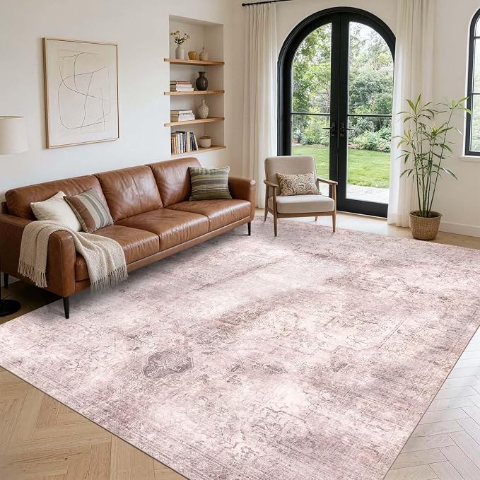 Vintage 8x10 Living Room Pink Rugs, Washable Large Area Rugs by OHWPEAT