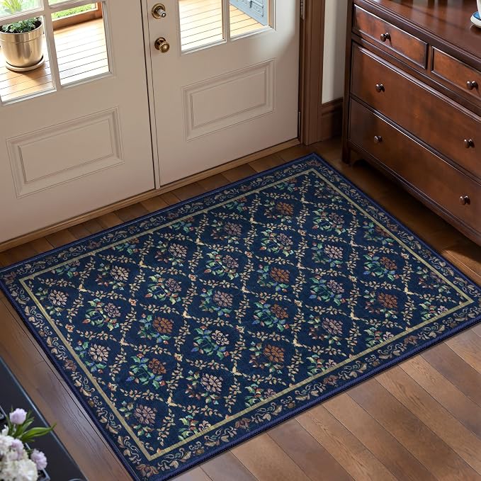 Tangsoo 2x3 Small Washable Entry Rug, Non Slip Blue Floral Throw Area Rugs by Tangsoo