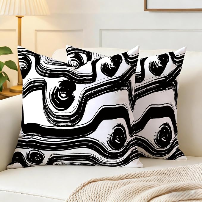 Abstract Black and White Brush Stroke Throw Pillow Covers 18x18 Set of 2 - Image 3