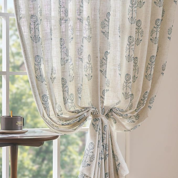 jinchan Linen Floral Curtains for Living Room 63 Inch Length Blue Flower - Image 7