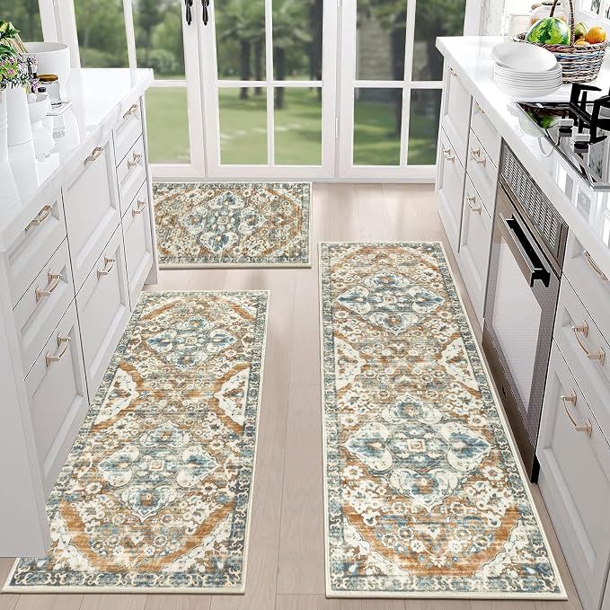HEBE Farmhouse Kitchen Rug Sets of 3 Non Slip Washable Kitchen Rugs and Mats by HEBE