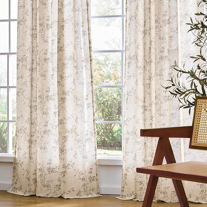Lazzzy Farmhouse Linen Curtains Gray Floral Curtains 96 Inch Long Back Tab - Image 7