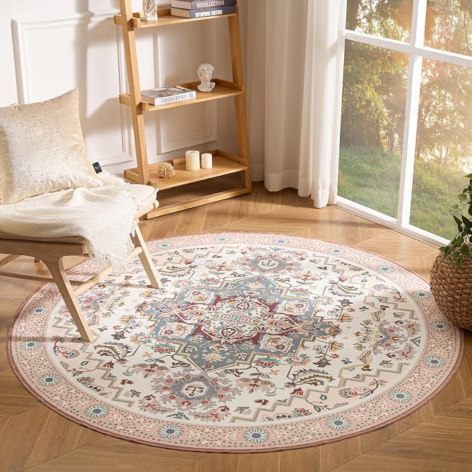 Phantoscope Washable Round Area Rug 6ft Non-Slip, Vintage Boho Rugs by Phantoscope
