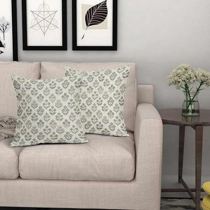Grey Gray Floral Pillow Covers 16x16 Inch Set of 2, Vintage Flower Block Print - Image 7