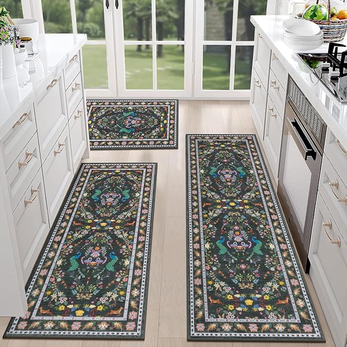 HEBE Washable Kitchen Rugs Sets of 3, Non Slip Absorbent Kitchen Rugs and Mats by HEBE