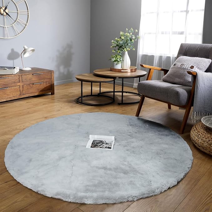 Latepis 6ft Circle Grey Area Rug Large Fluffy Round Rug Washable Faux Rabbit - Image 2