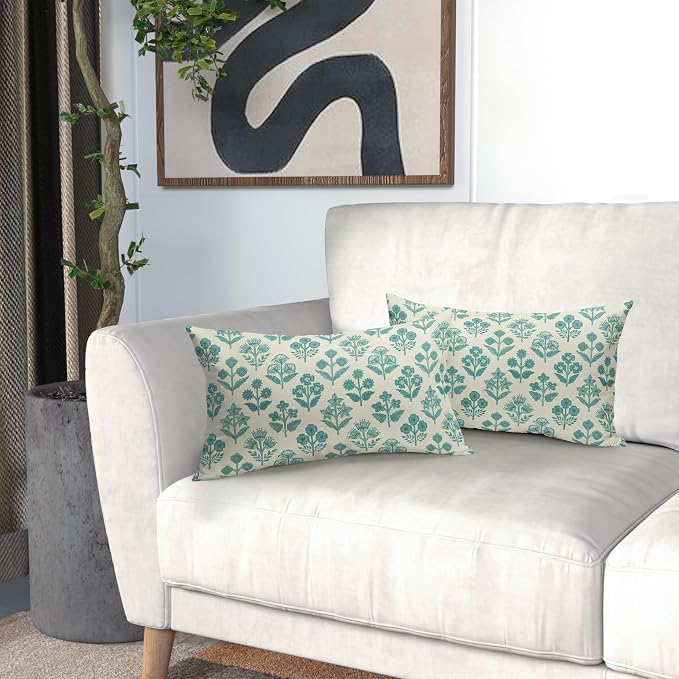 Teal Floral Pillow Covers 12x20 Inch Set of 2, Block Print Lumbar Flower Cream - Image 6