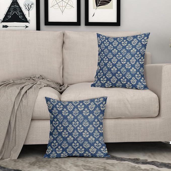 Blue Floral Block Print Pillow Covers 20x20 Inch Set of 2, Vintage Flower - Image 3