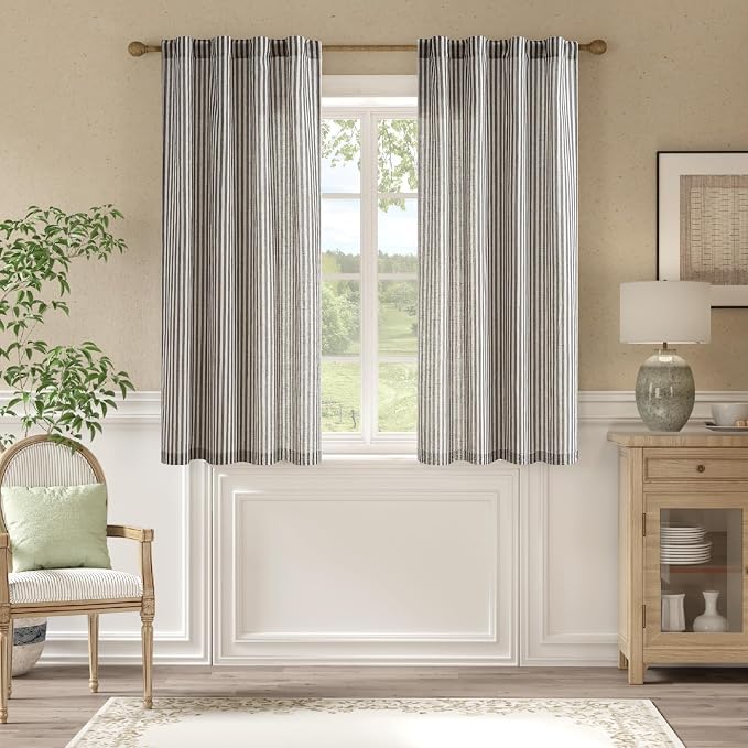 jinchan Linen Curtains Black on Beige Striped Curtains by JINCHAN