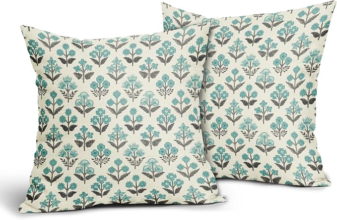 Black Teal Floral Pillow Covers 20x20 Inch Set of 2, Spring Summer Vintage - Image 2