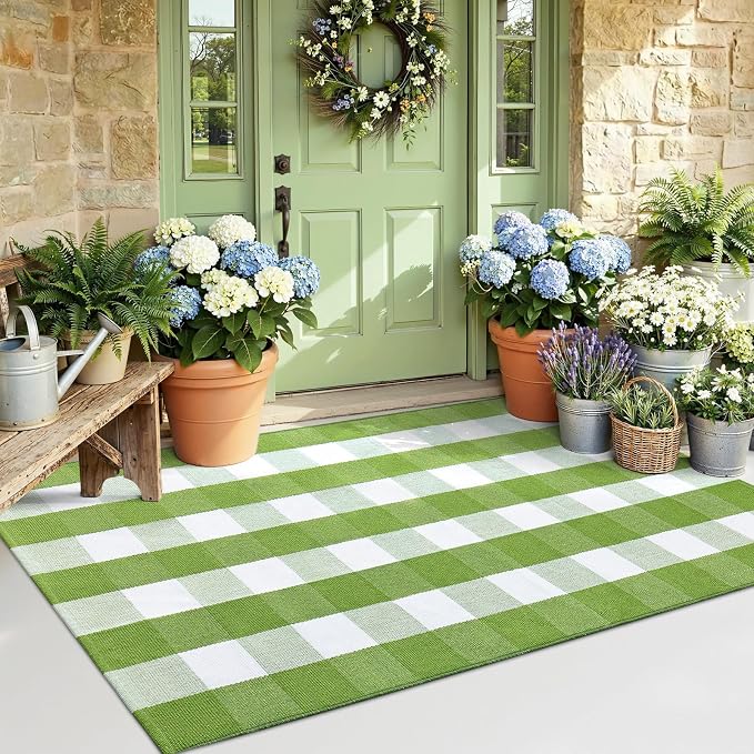 OLANLY Buffalo Plaid Rug 3' x 5' – Green and White Cotton Checkered Doormat by OLANLY