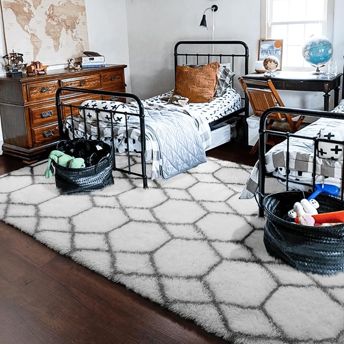 ONASAR 5x7 Area Rugs for Living Room Bedroom, Fluffy White and Grey Throw Rug - Image 7