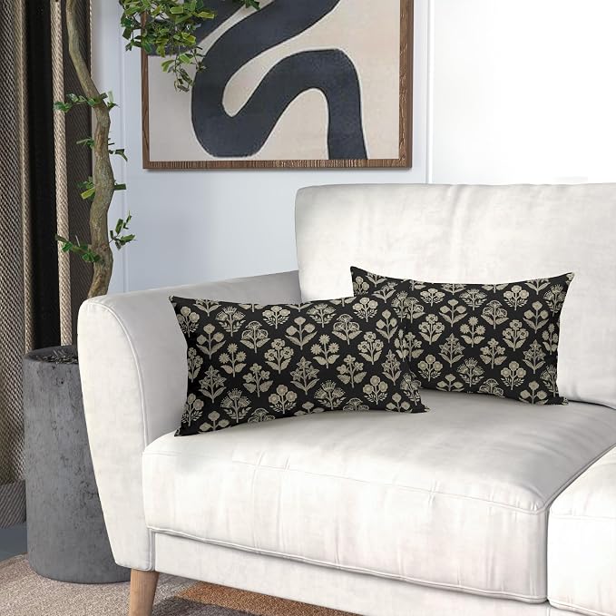 Black Pillow Covers 12x20 Inch Set of 2, Cream Floral Block Print Pattern - Image 6