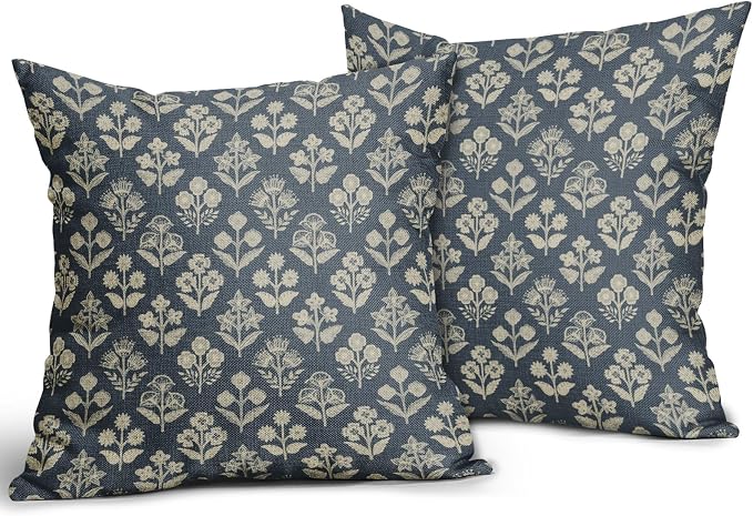 Dusty Blue Floral Pillow Covers 24x24 Inch Set of 2, Vintage Flower Block - Image 2