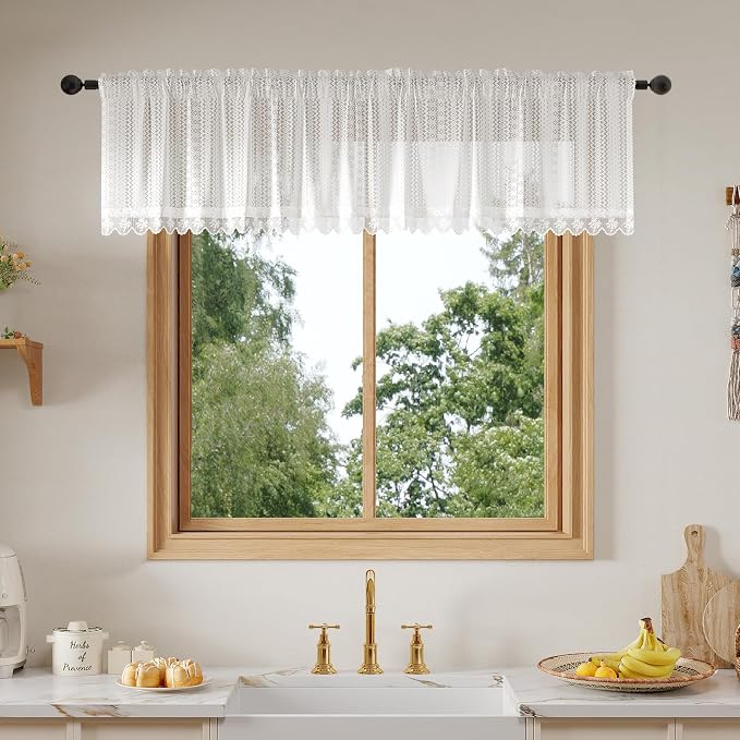 Rinwoc White Lace Semi-Sheer Valance Cafe Curtains – Vintage Boho Lace Valances by Rinwoc