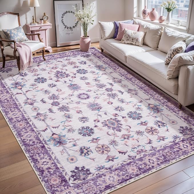 Tangsoo 4x6 Washable Area Rugs Non Slip, Boho Distressed Vintage Purple Floral by Tangsoo