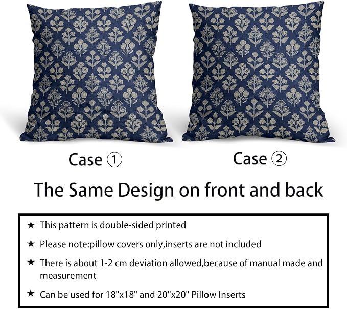 Dark Blue Floral Block Print Pillow Covers 18x18 Inch Set of 2, Vintage Flower - Image 6