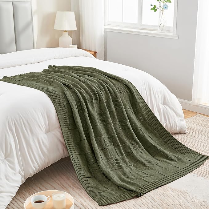 CozeCube Check Knit Throw Blanket, Olive Green Checkered Throw - Image 7