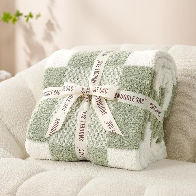 Snuggle Sac Checkered Blanket, Sage Green Throw Blanket by SnuggleSac