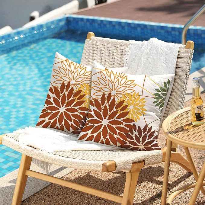 Brown and Yellow Floral Pillow Covers 20x20 Set of 2 Outdoor Waterproof - Image 2