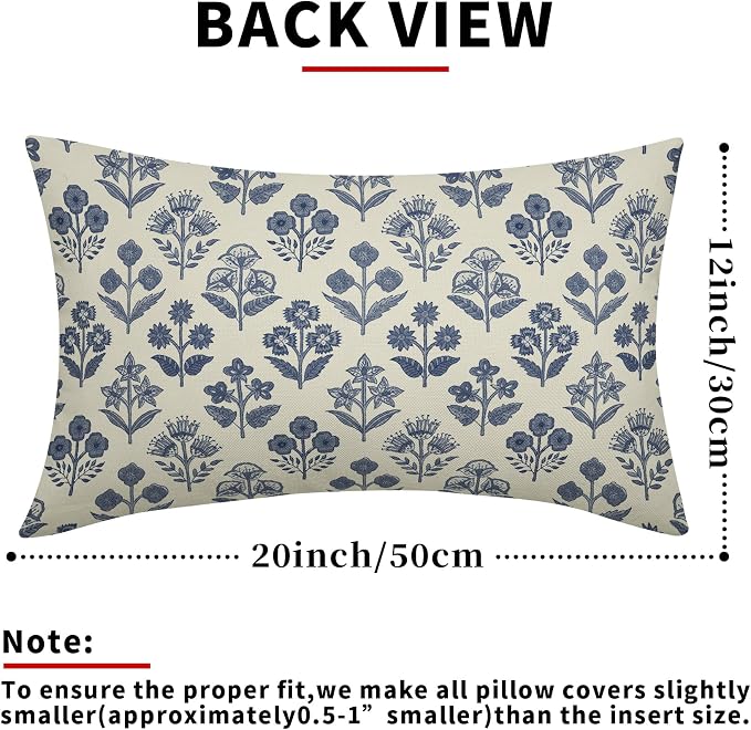 Dark Blue Floral Pillow Covers 12x20 Inch Set of 2, Block Print Lumbar Flower - Image 3