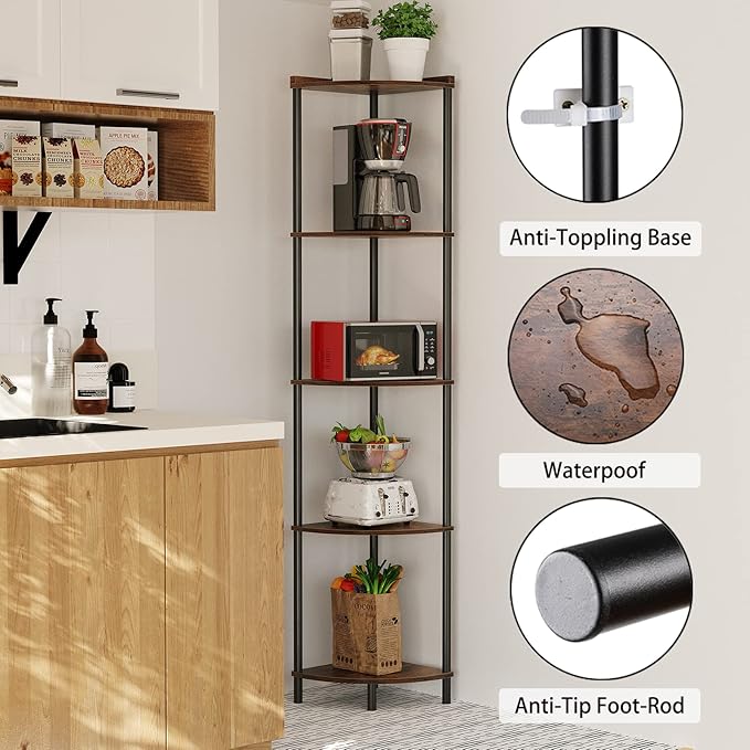SUNMORY 5 Tier Corner Shelf Stand, Industrial 65" Corner Shelves Display Shelf - Image 3