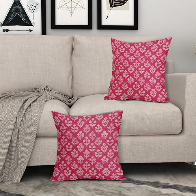 Hot Pink Floral Block Print Pillow Covers 16x16 Inch Set of 2, Vintage Flower - Image 3