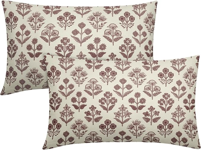 Burgundy Floral Pillow Covers 12x20 Inch Set of 2, Block Print Lumbar Flower by Sivirary