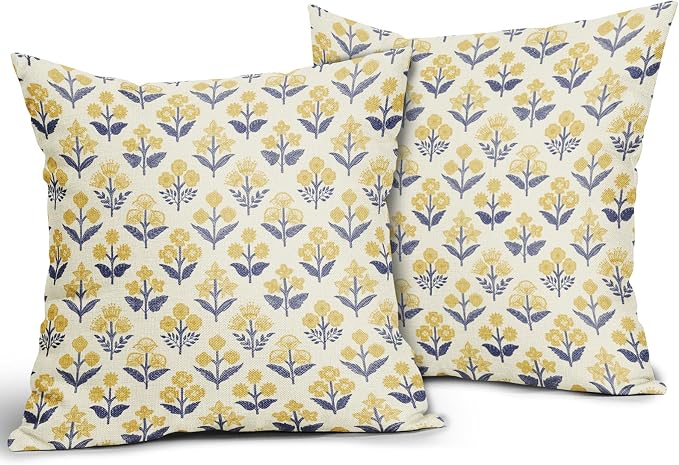 Navy Blue Yellow Floral Block Print Pillow Covers 18x18 Inch Set of 2, Vintage - Image 2