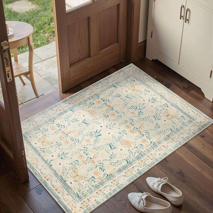 Rugxara Door Mat Floral Entryway Rug, Washable Samll 2x3 Rug, Boho Beige Front by Rugxara
