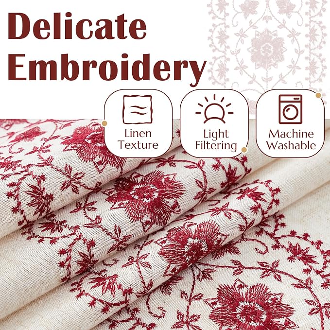 jinchan Boho Curtains for Bedroom Red Vintage Floral Farmhouse Curtains 63 Inch - Image 4