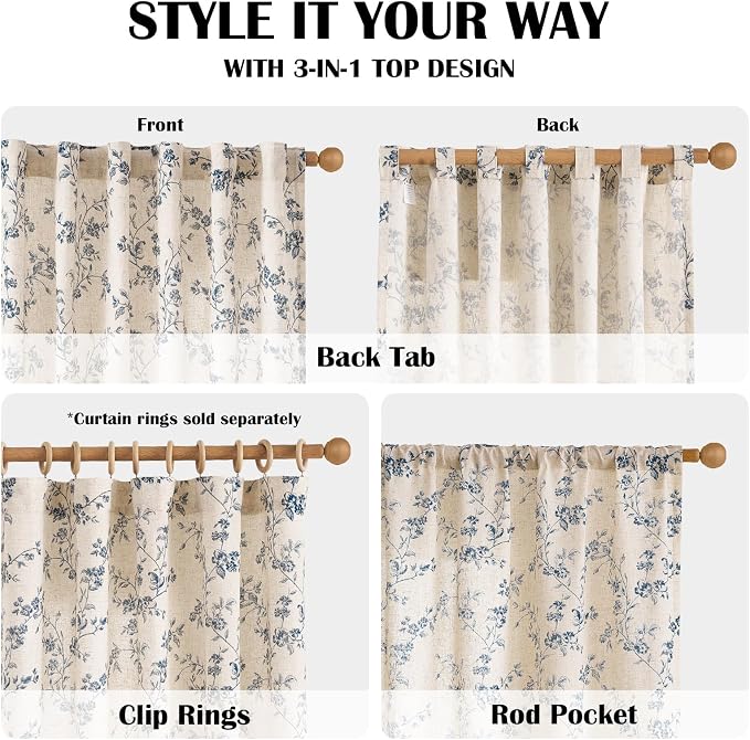 Lazzzy Farmhouse Linen Curtains Blue Floral Curtains 96 Inch Long Back Tab - Image 5
