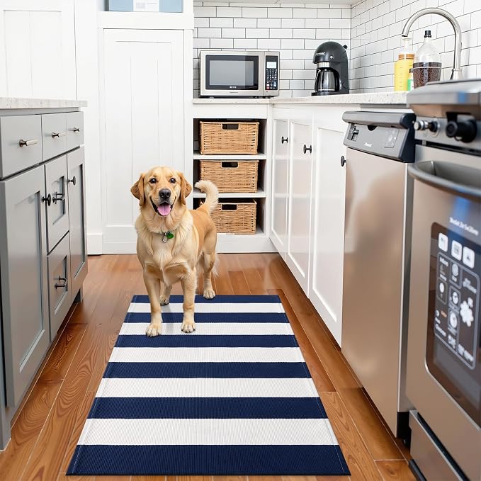 OLANLY Navy and White Striped Rug 2'4" x 3'7" – Washable Cotton Indoor Outdoor - Image 3