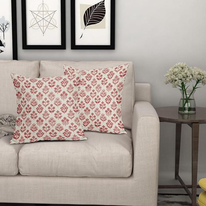Red Floral Pillow Covers 22x22 Inch Set of 2, Vintage Flower Block Pattern - Image 7