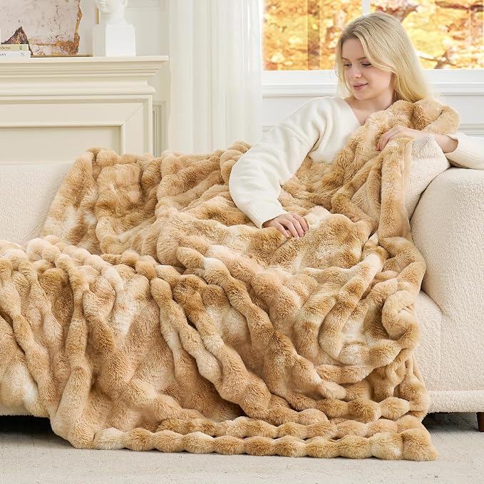 Cozy Bliss Deluxe Striped Rabbit Faux Fur Throw Blanket, Soft Fluffy Warm Plush - Image 2