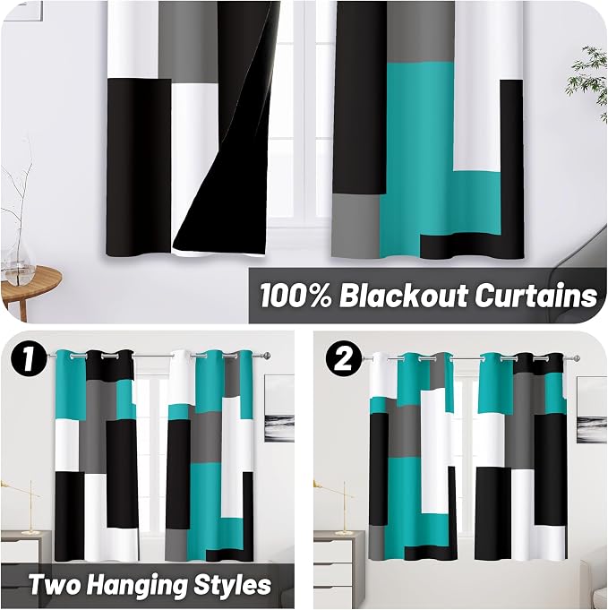 Tyrot Teal/Turquoise 100% Blackout Curtains 45 inch Length 2 Panels Set Black - Image 2