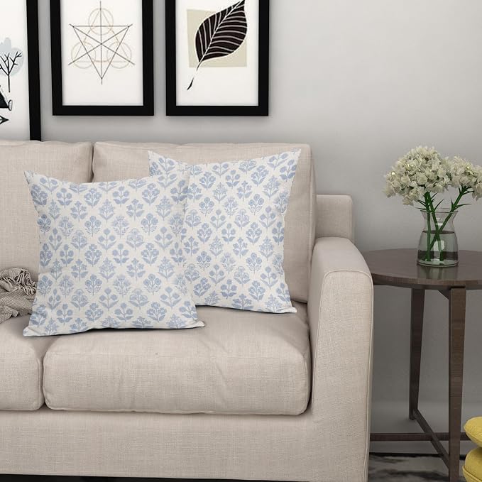 Baby Blue Floral Pillow Covers 16x16 Inch Set of 2, Vintage Flower Block Print - Image 7
