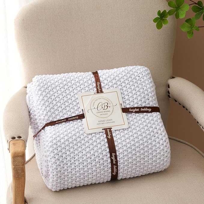 Chunky Cable Knit Throw Blanket Lightweight White 100% Organic Cotton Blanket - Image 9