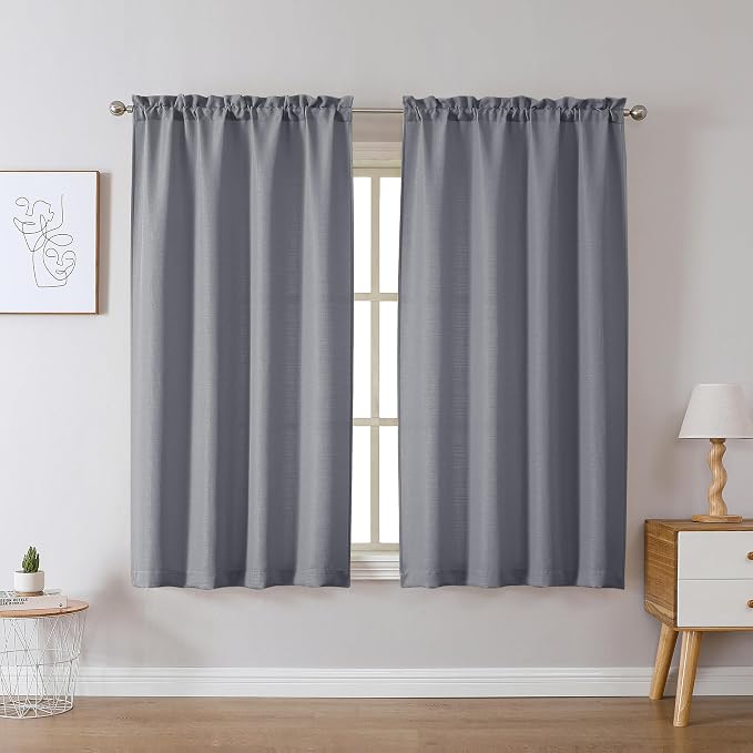 Chyhomenyc Dark Grey Curtains 45 Inch Length 2 Panels, Faux Linen Textured Semi - Image 2