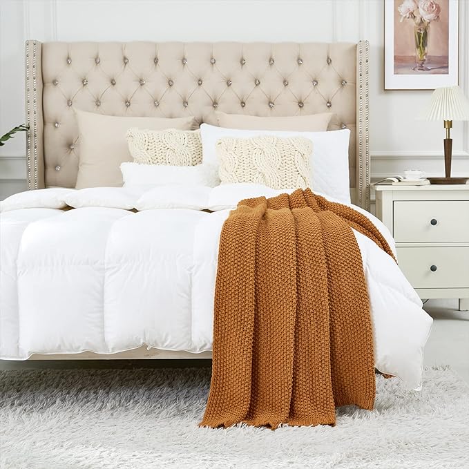 Chunky Cable Knit Throw Blanket Lightweight Burnt Orange 100% Organic Cotton - Image 4