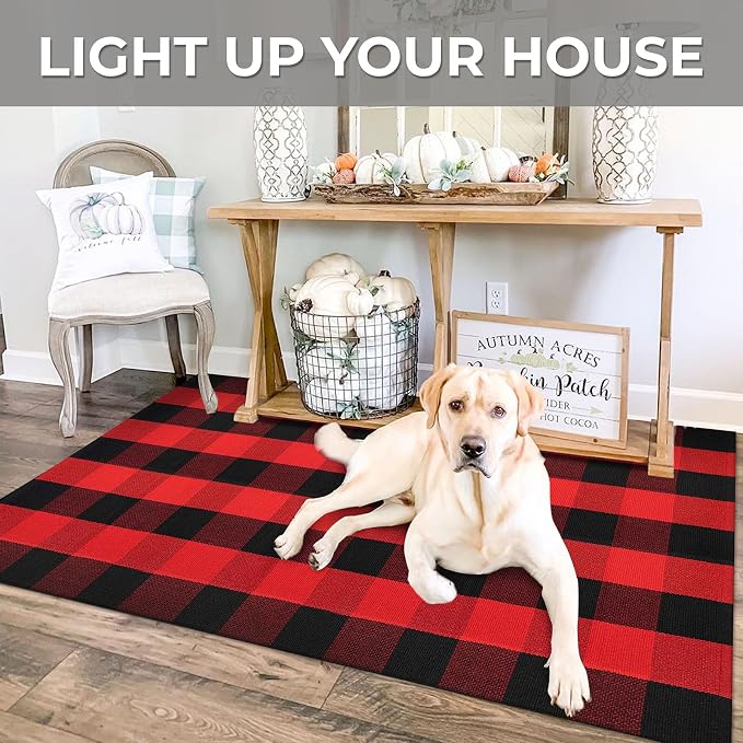 IOHOUZE Christmas Buffalo Plaid Rug 3x5 Ft Outdoor Indoor Doormat Red Black - Image 4