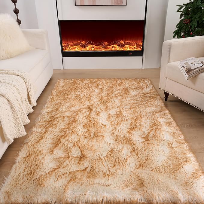 Fluffy Faux Fur Rug White Yellow Sheepskin Area Rug, 4x6 Ft Ultra Soft Shaggy by CKLZSAY