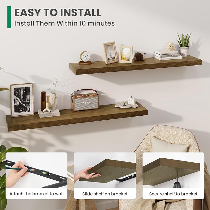 Solid Wood Floating Shelves For Wall, 48”W x 9”D x 1.56”H Large Wall Shelves - Image 4