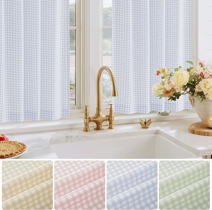 RYB HOME Checkered Cafe Curtains 24 inch Length, Linen Gingham Small Window - Image 5