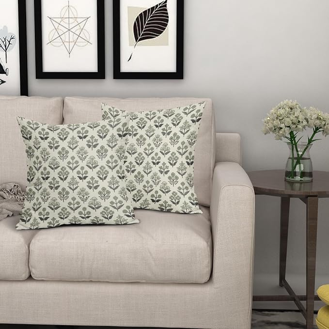 Black Sage Green Floral Block Print Pillow Covers 20x20 Inch Set of 2, Vintage - Image 7