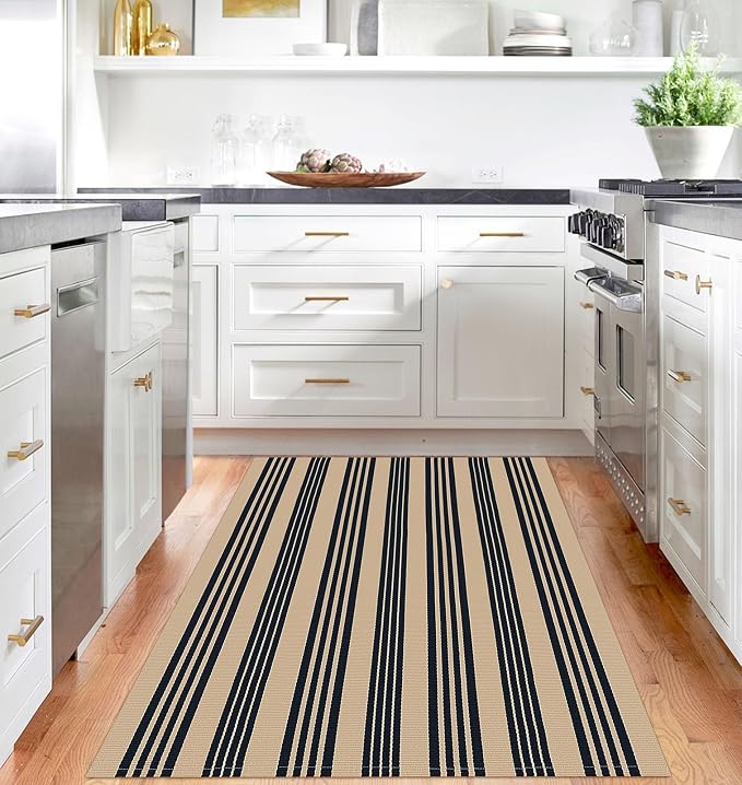 IOHOUZE Black and Tan Striped Rug 4'x6' Front Door Rugs Outdoor, Washable Area - Image 2