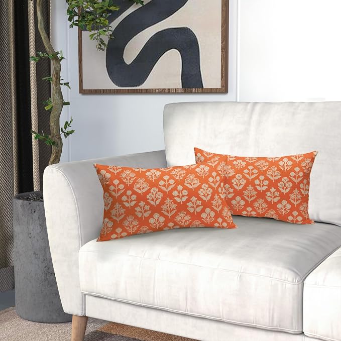 Orange Pillow Covers 12x20 Inch Set of 2, Cream Floral Block Print Pattern - Image 6