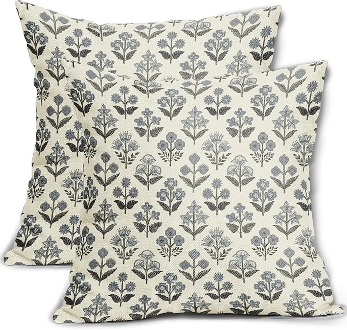 Black Dusty Blue Floral Pillow Covers 22x22 Inch Set of 2, Vintage Flower Block by Sivirary