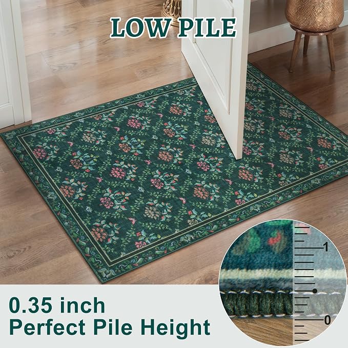 Tangsoo 2x3 Small Washable Entry Rug, Non Slip Green Floral Throw Area Rugs - Image 3